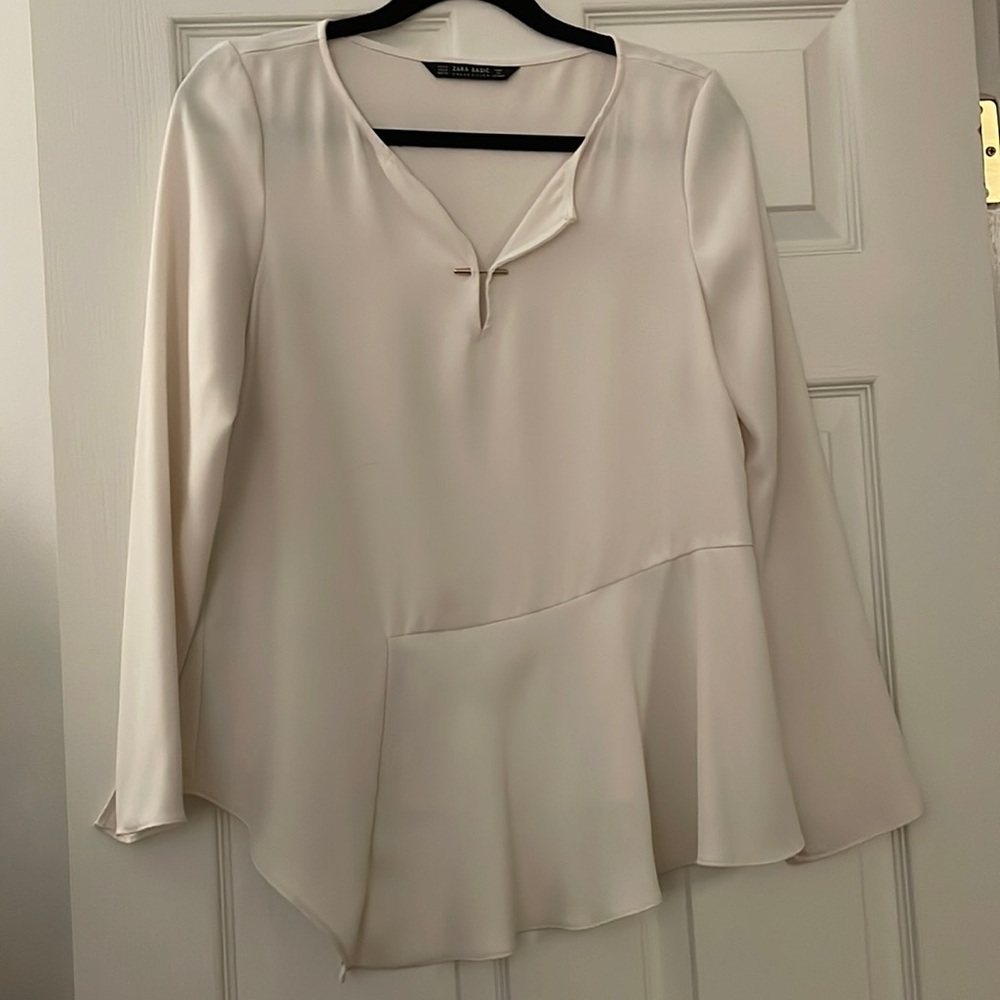 Cream Zara Basic Work Blouse with Gold Bar Detail